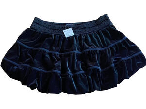 BEBE Black Velvet / Silk Mini Bubble Skirt, Lace Tiered Low Rise Steampunk M NWT